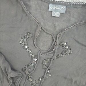 Lola P Blouse Women L Black Silk Blend Beaded Boho Tie Front Long Sleeve Top